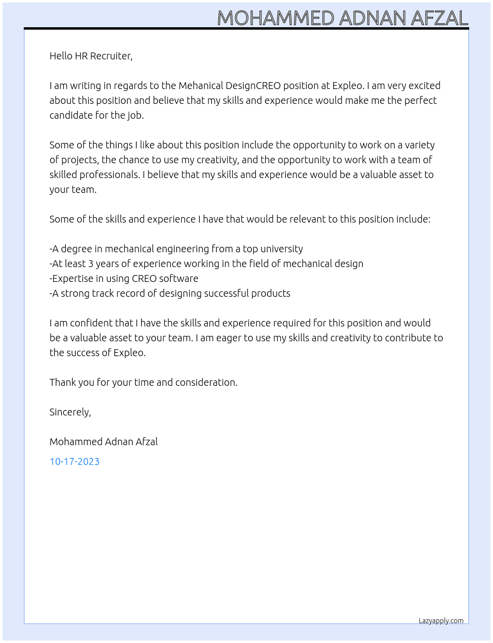 Mehanical designCREO At Expleo Cover Letter