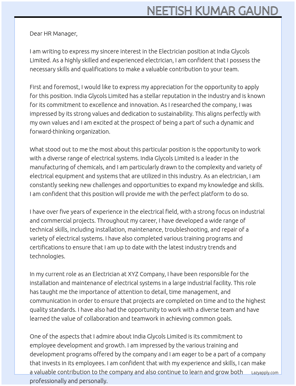 Electrician  At INDIA GLYCOLS LIMITED  Cover Letter