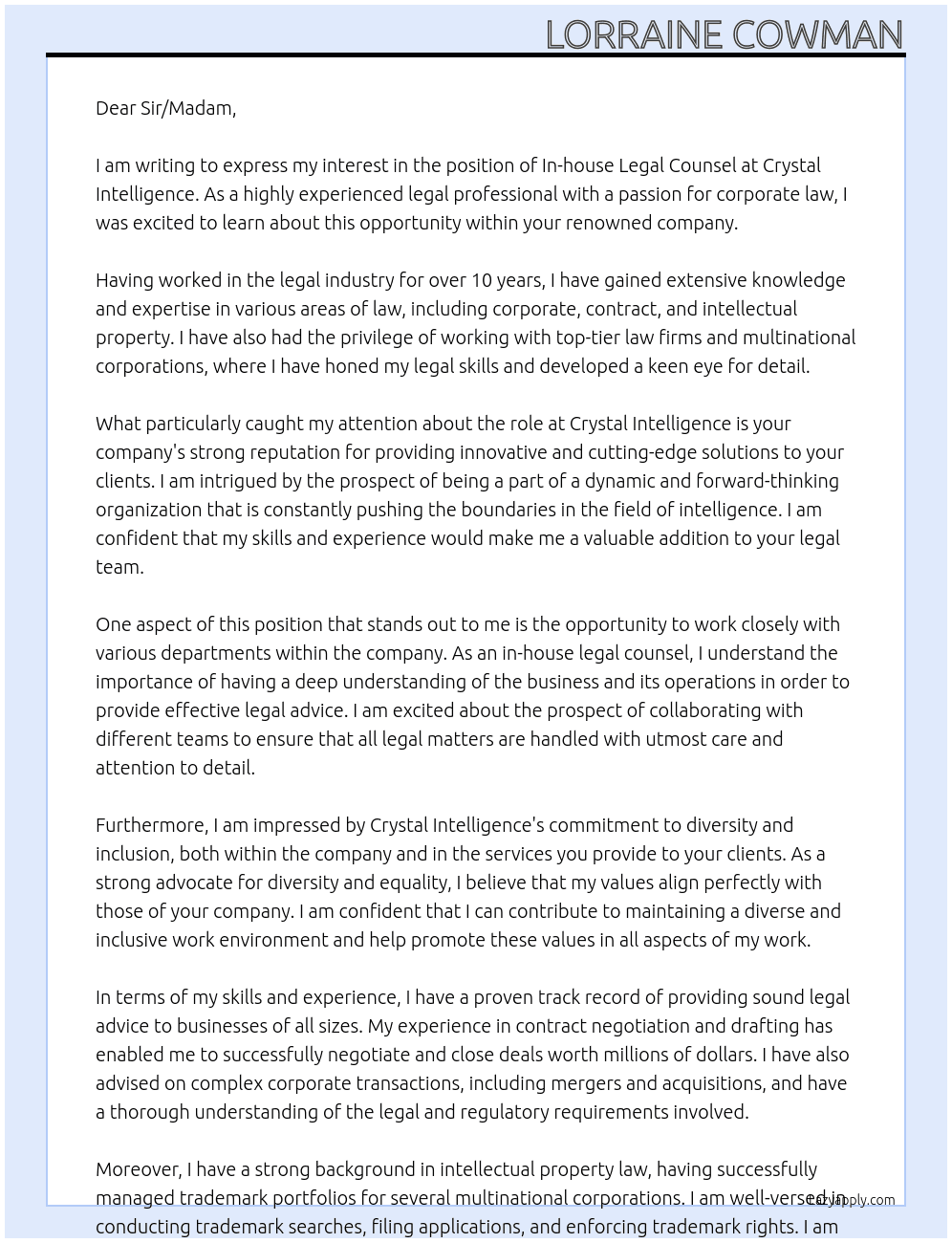 In house legal counsel At Crystal Intelligence  Cover Letter