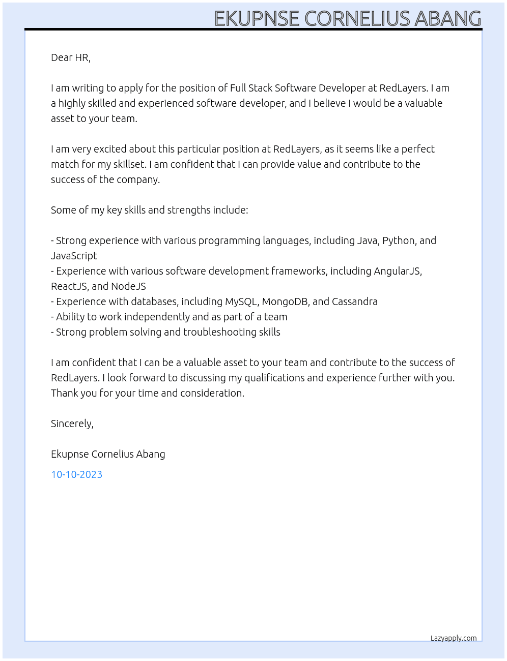 Full Stack Software developer At RedLayers Cover Letter