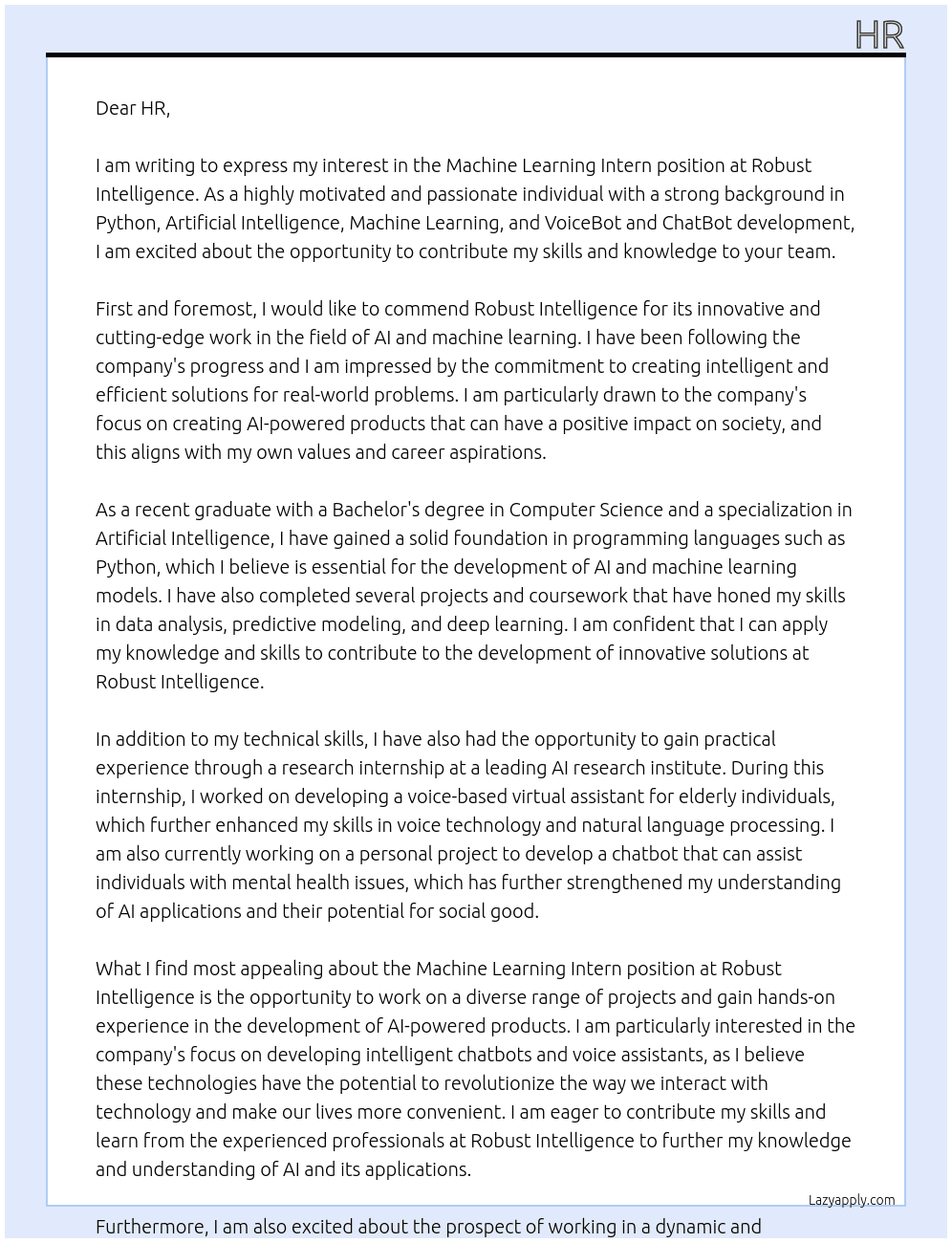 Machine Learning Intern At Robust Intelligence Cover Letter