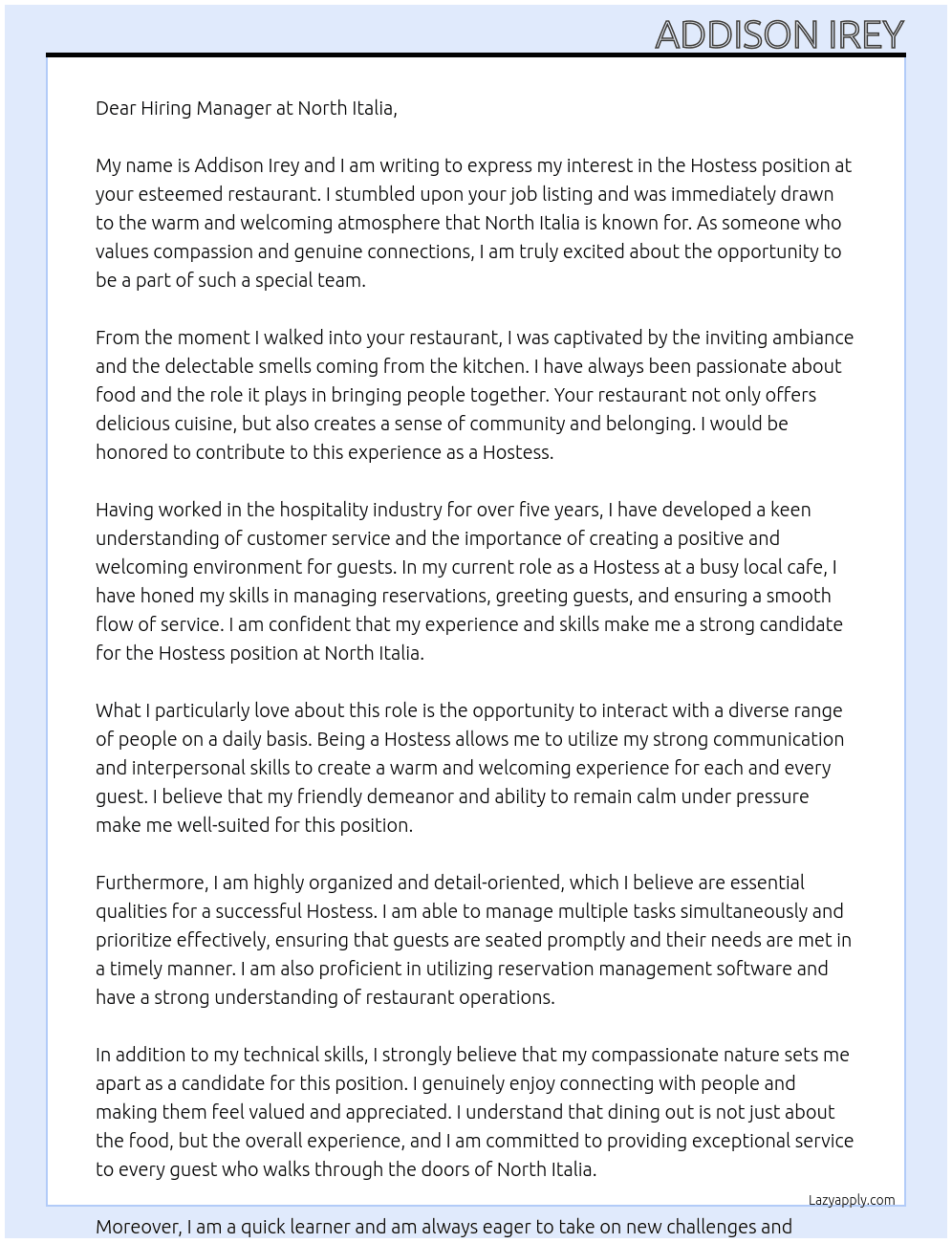 Hostess At North Italia Cover Letter