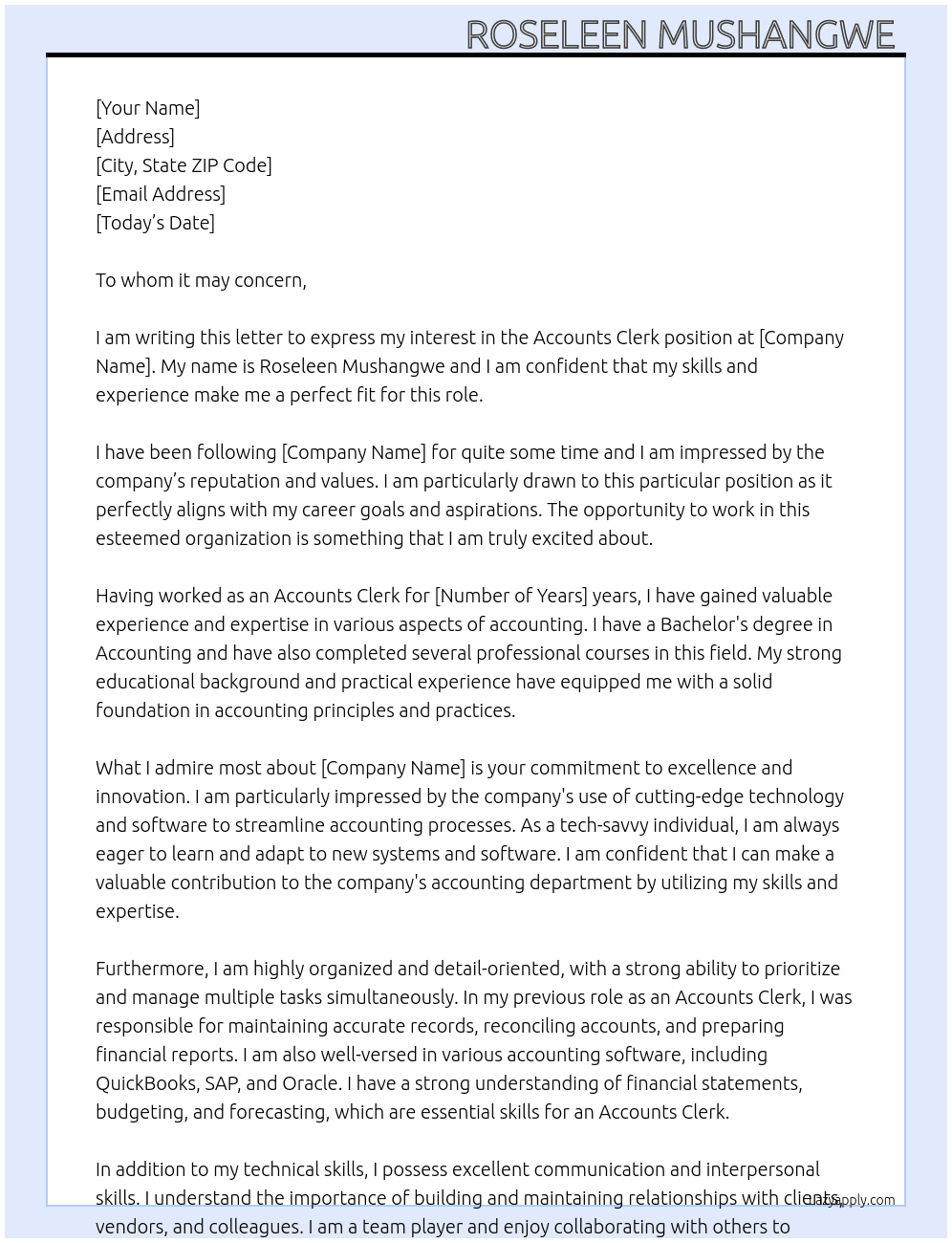 Accounts Clerk  At Mine Cover Letter