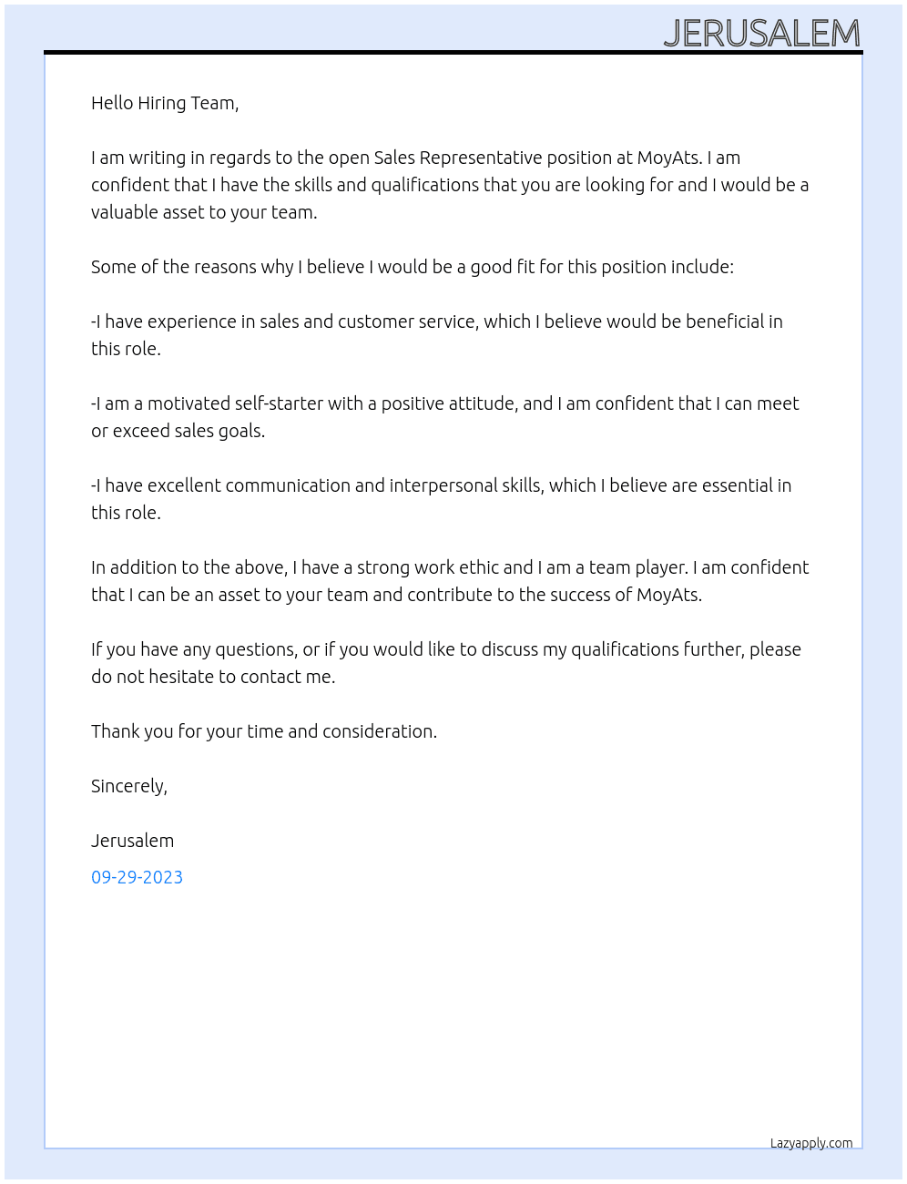 Sales Representative  At MoyAts Cover Letter