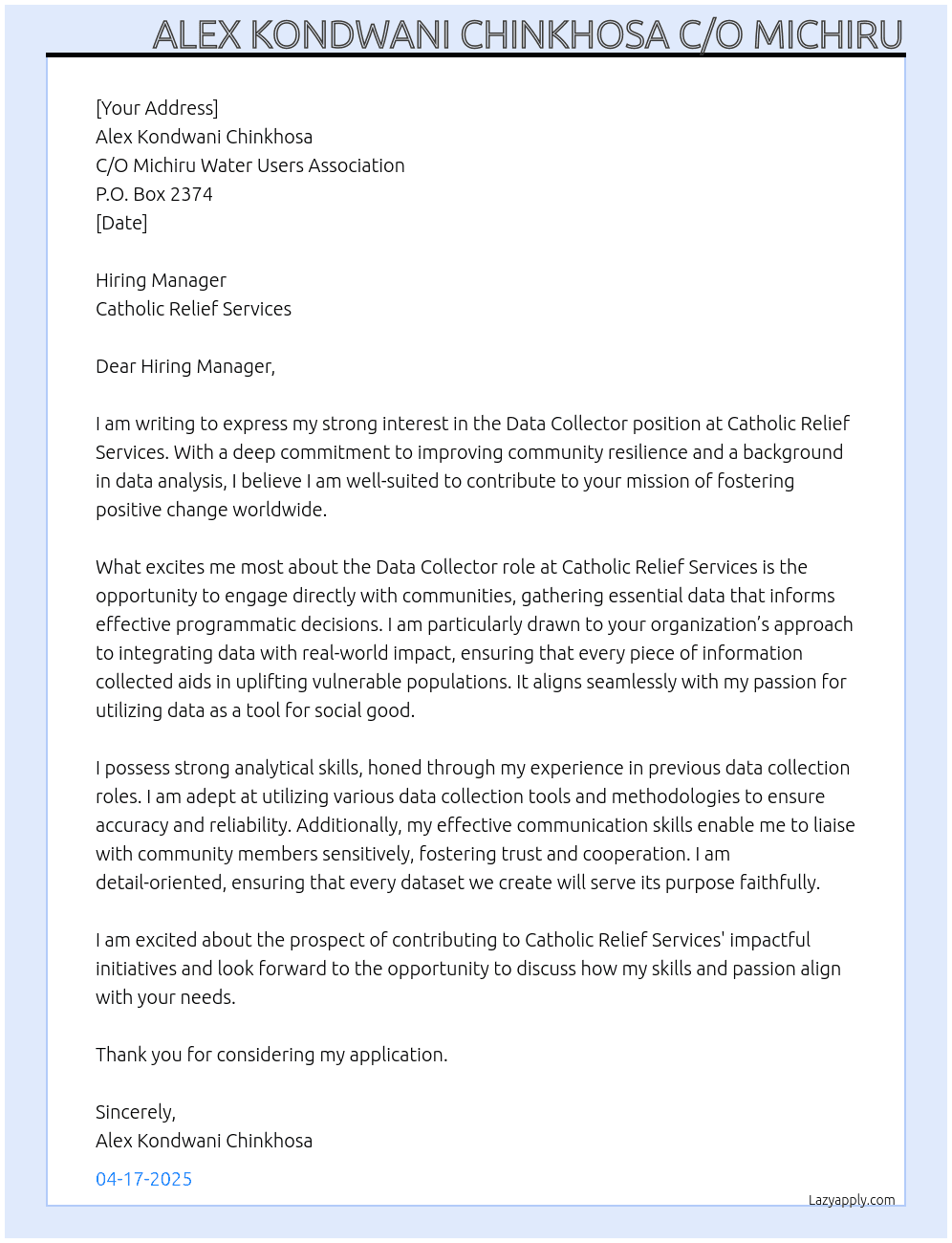 data collectors At Catholic Relief Services Cover Letter