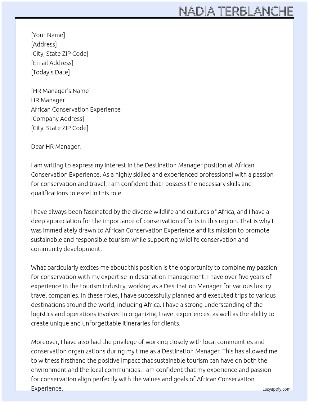 Destination Manager At African Conservation Experience Cover Letter