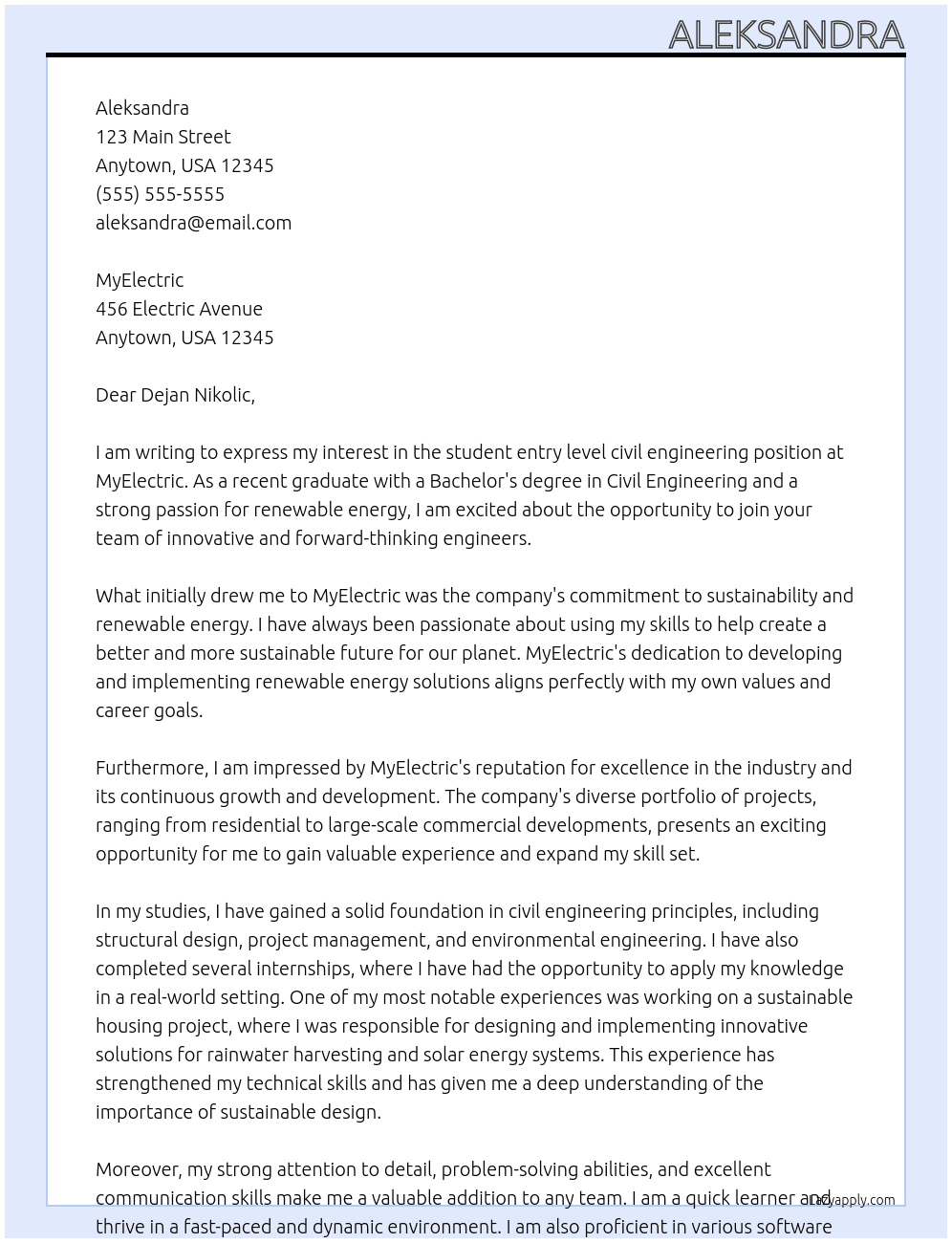 student entry level civil engineering At MyElectric Cover Letter