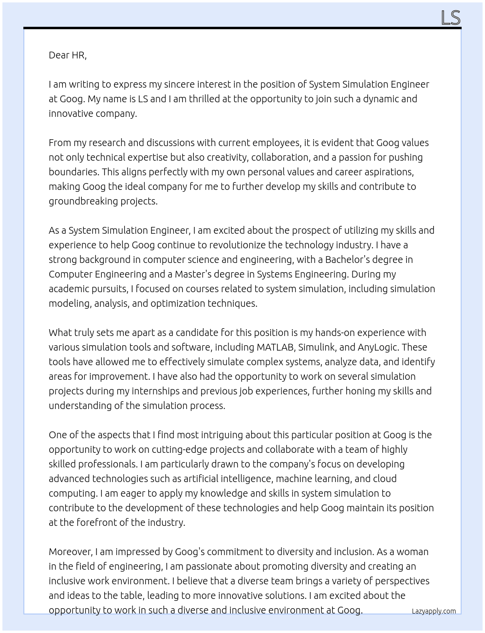 Cover letter for system simulation engineer - LazyApply