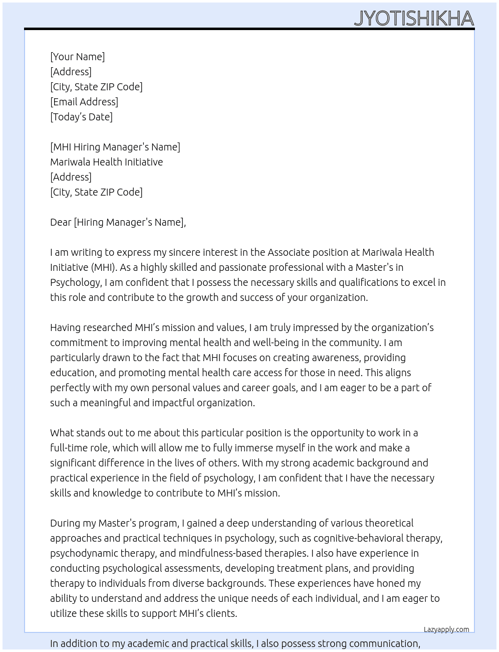 Associate At Mariwala Health initiative  Cover Letter