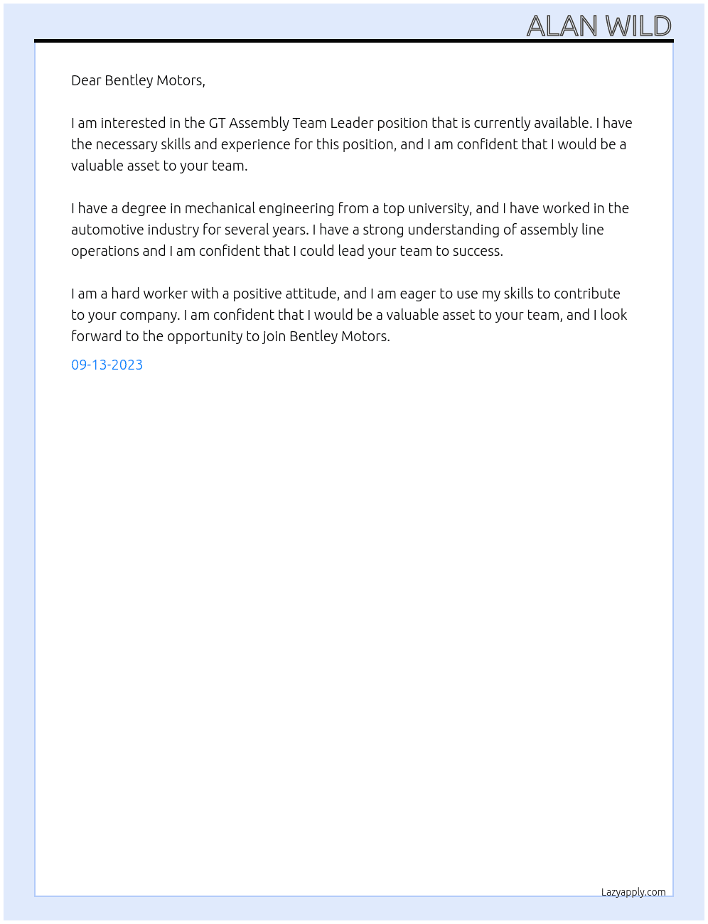 GT Assembly Team Leader  At Bentley Motors  Cover Letter