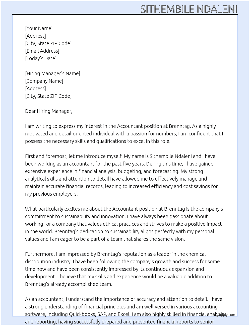 Accountany At Brenntag Cover Letter