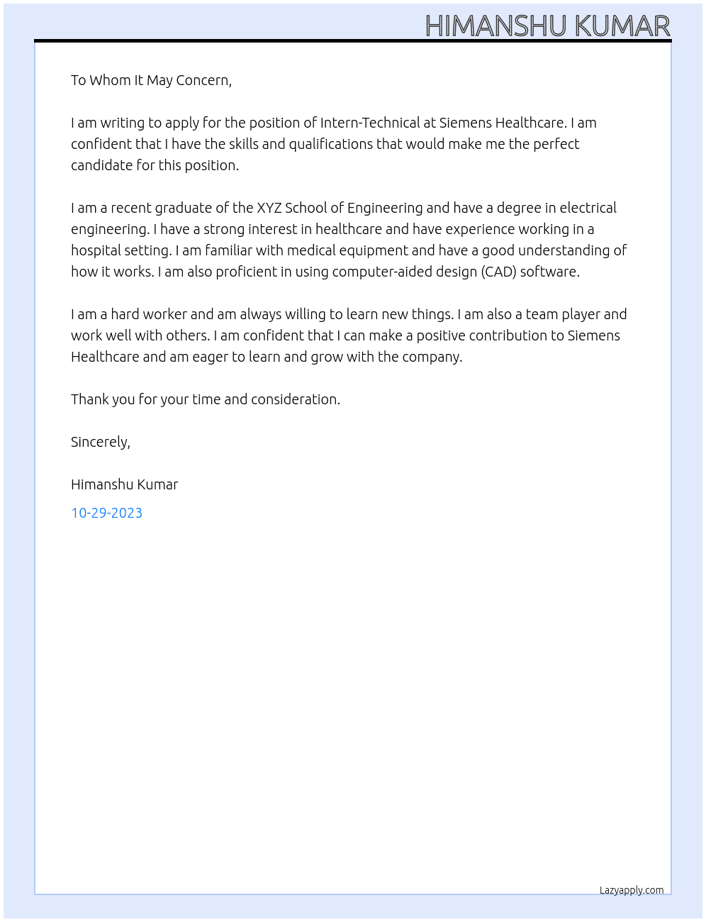 Intern-Technical At Siemens Healthcare Cover Letter