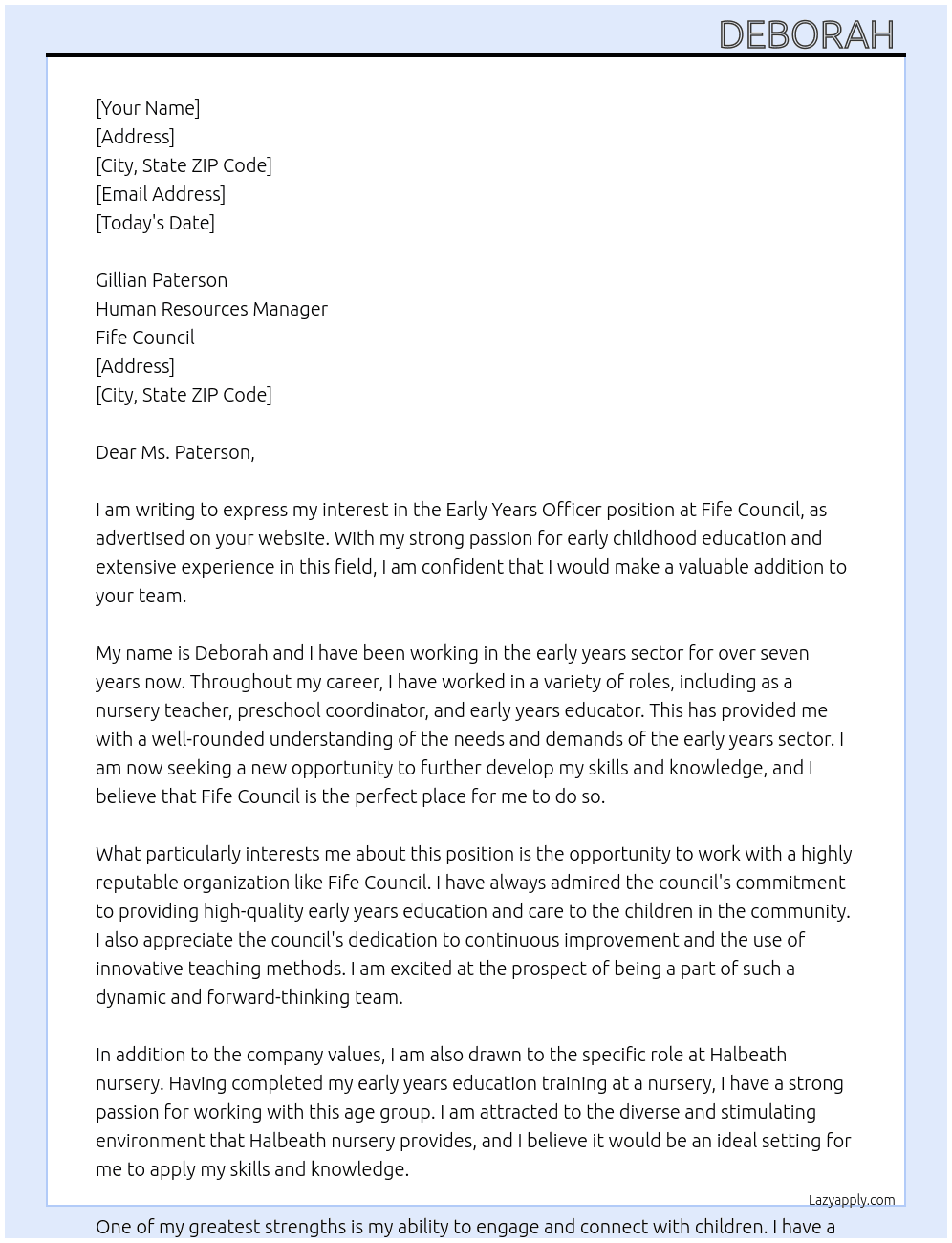 Early years officer At Fife council Cover Letter