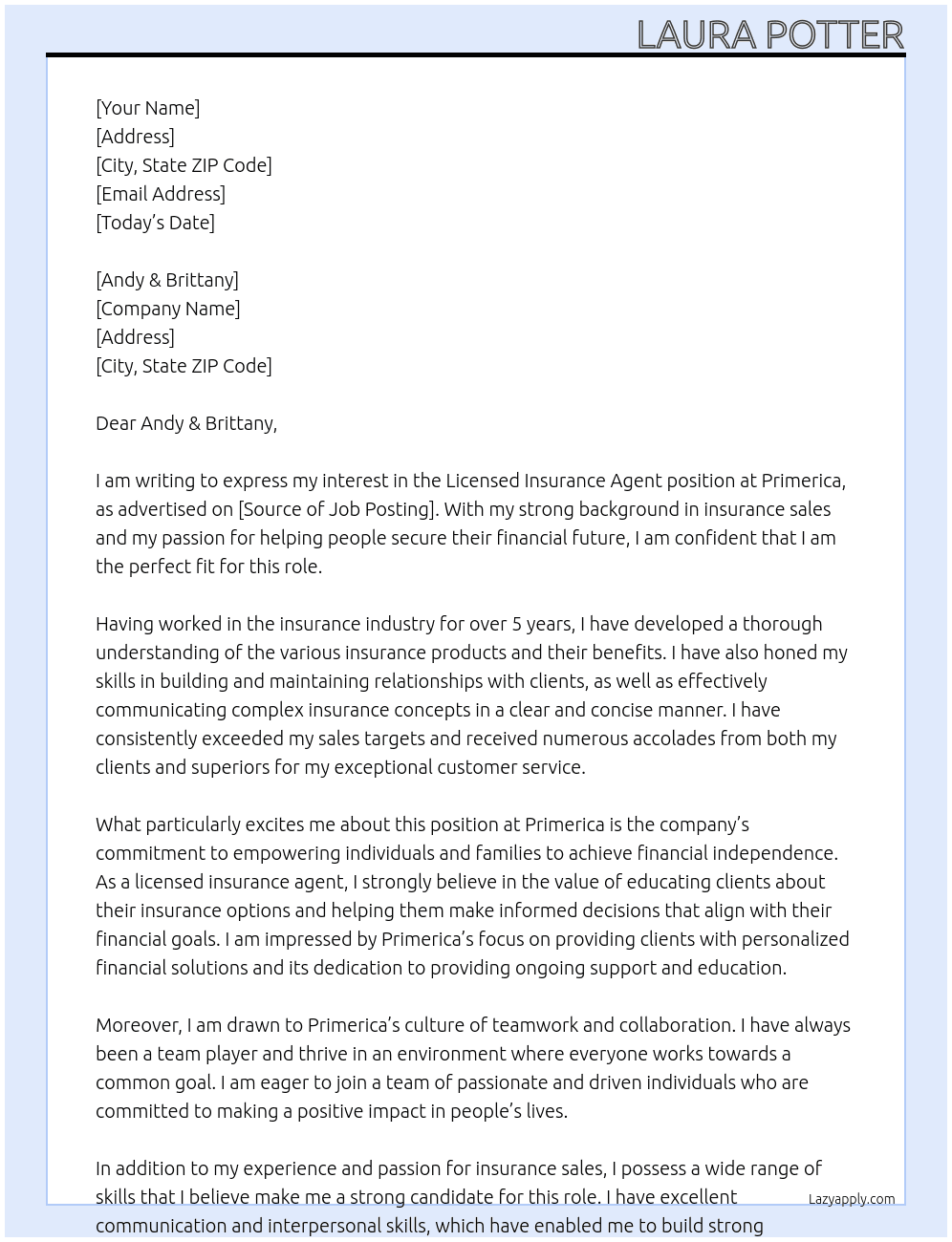 Licensed Insurance Agent At Primerica Cover Letter