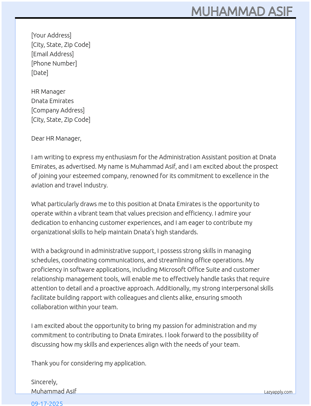 Administration assistant  At Dnata Emirates  Cover Letter