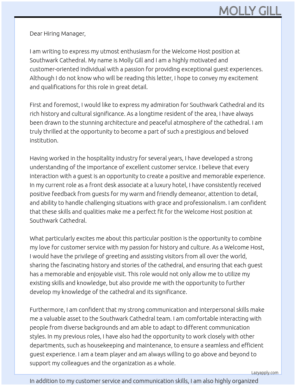 welcome host At Southwark cathedral Cover Letter