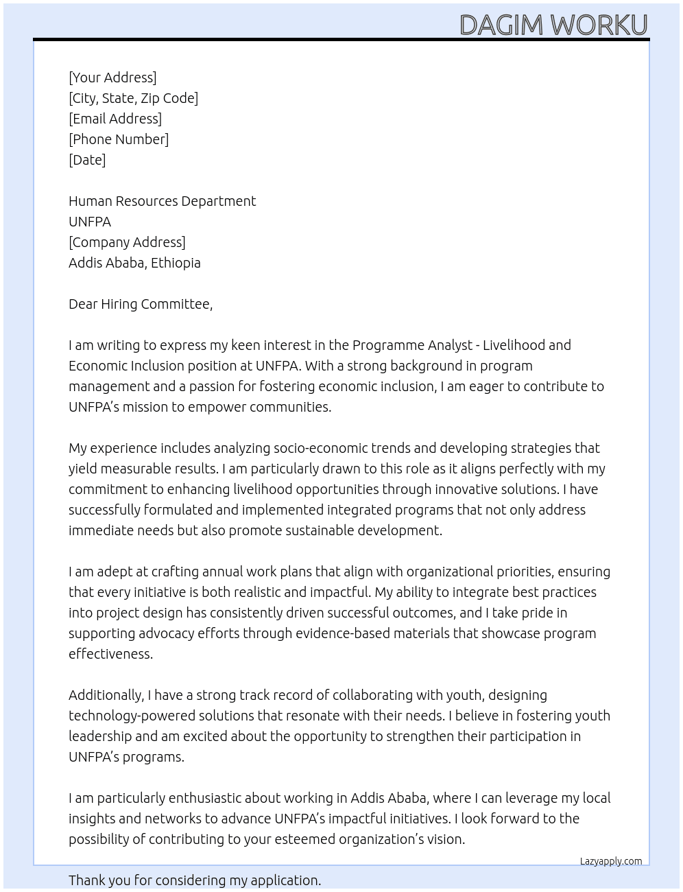 Programme Analyst - Livelihood and Economic Inclusion At UNFPA Cover Letter