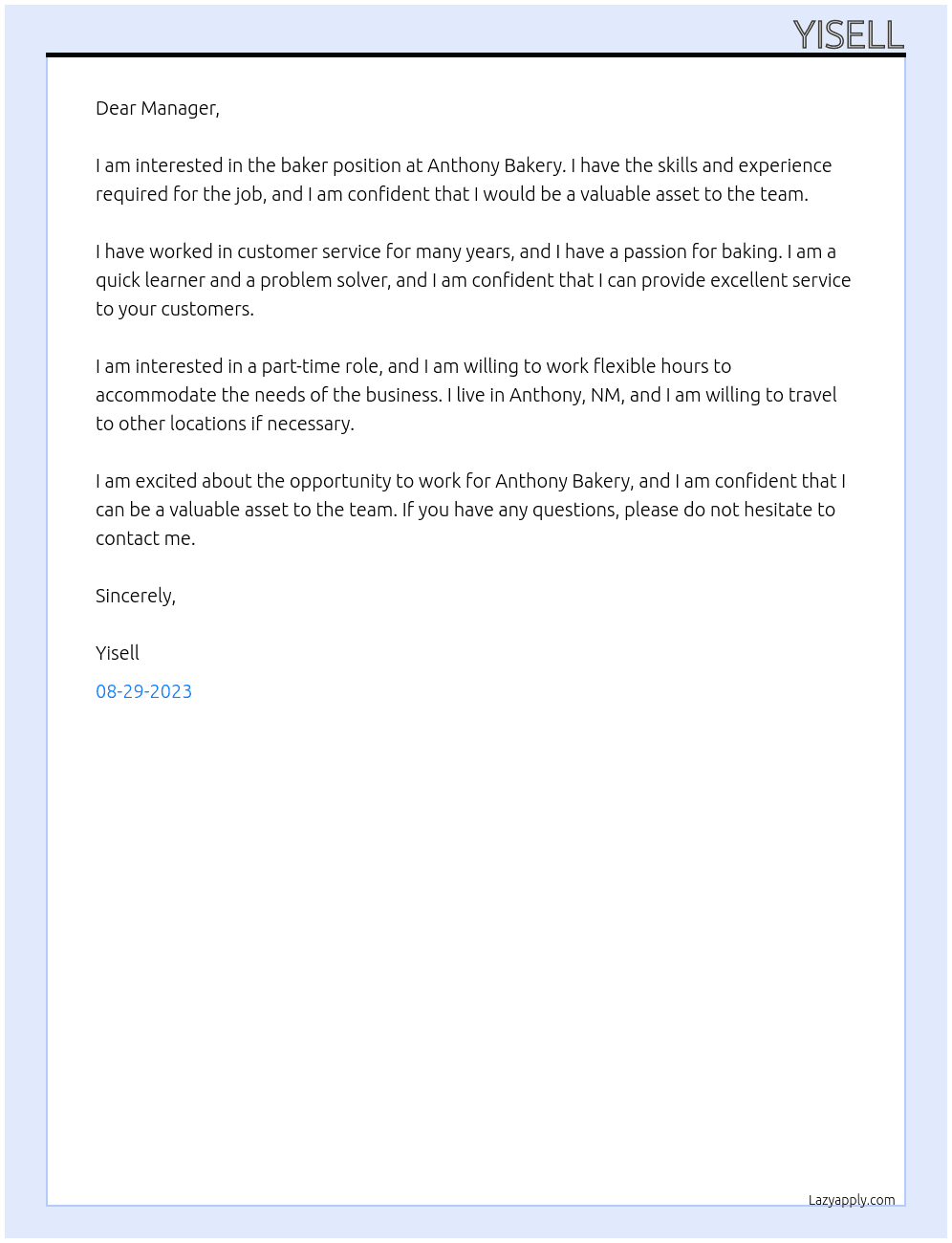 baker At Anthony Bakery Cover Letter