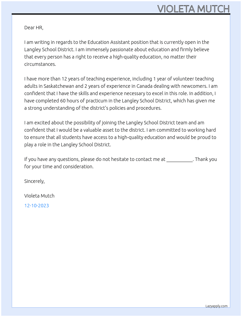 Education Assistant At Langley School District Cover Letter
