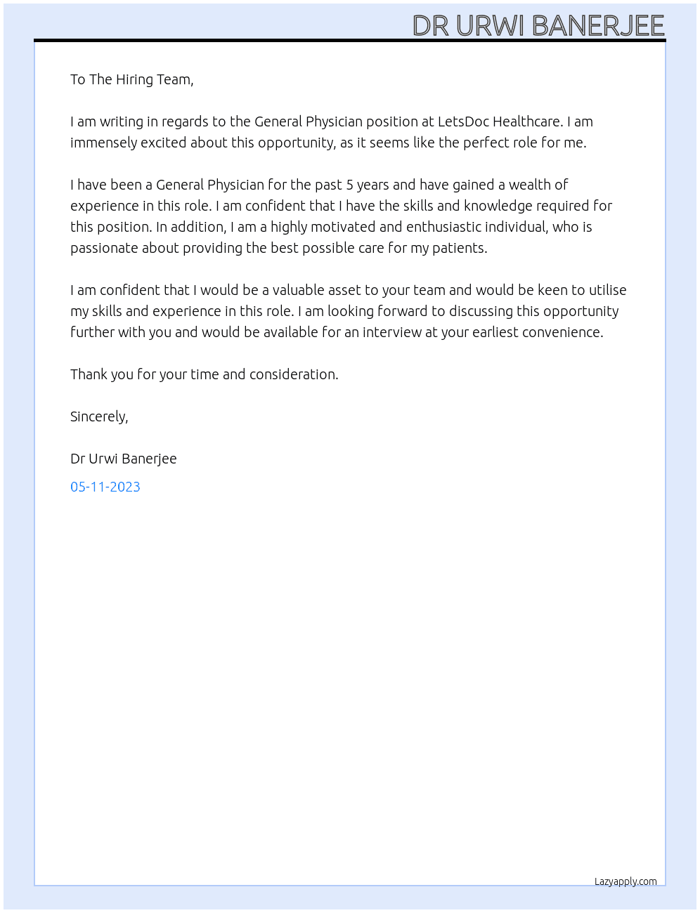 GENERAL PHYSICIAN At LetsDoc Healthcare, Bengaluru Cover Letter
