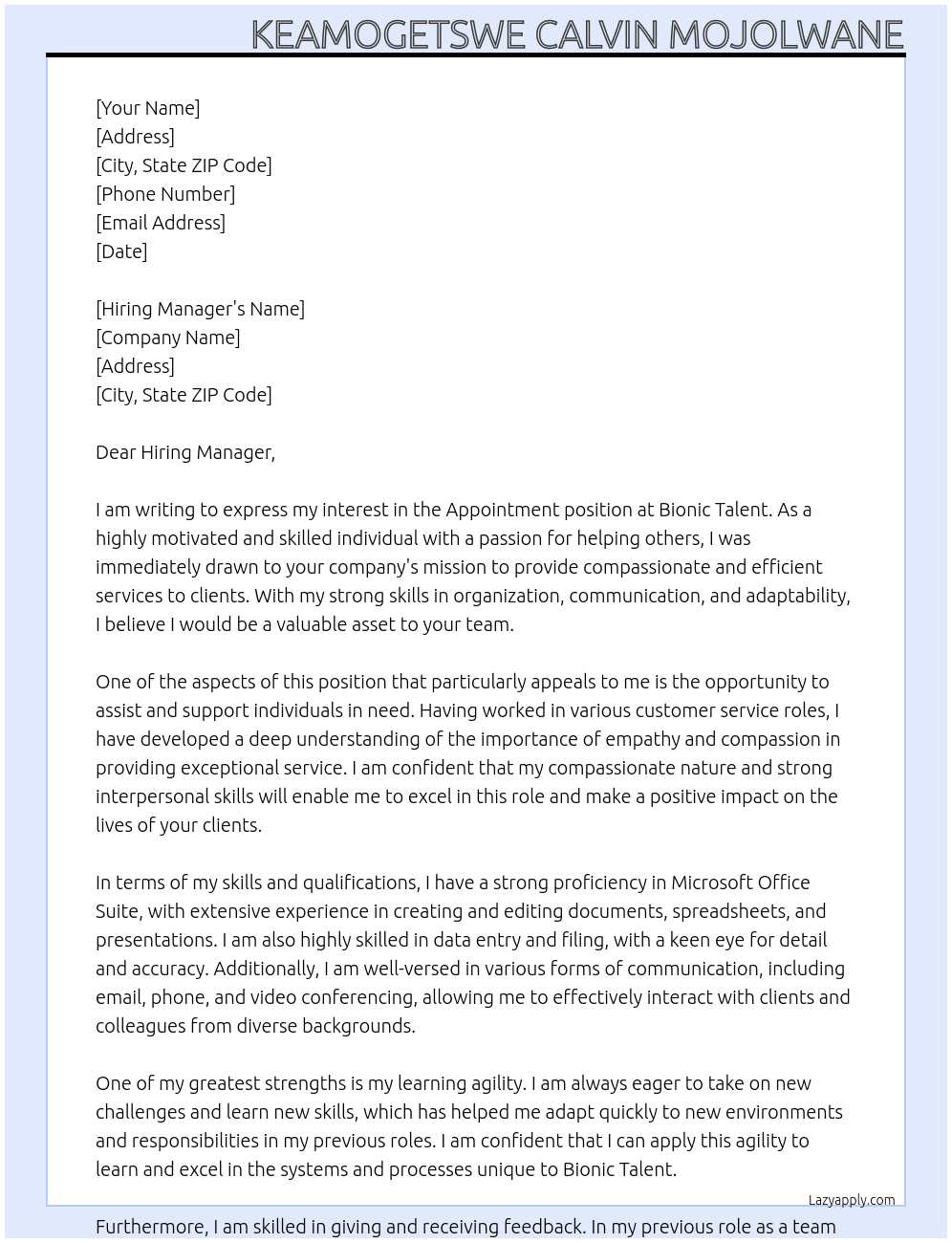 Appointment At Bionic Talent Cover Letter