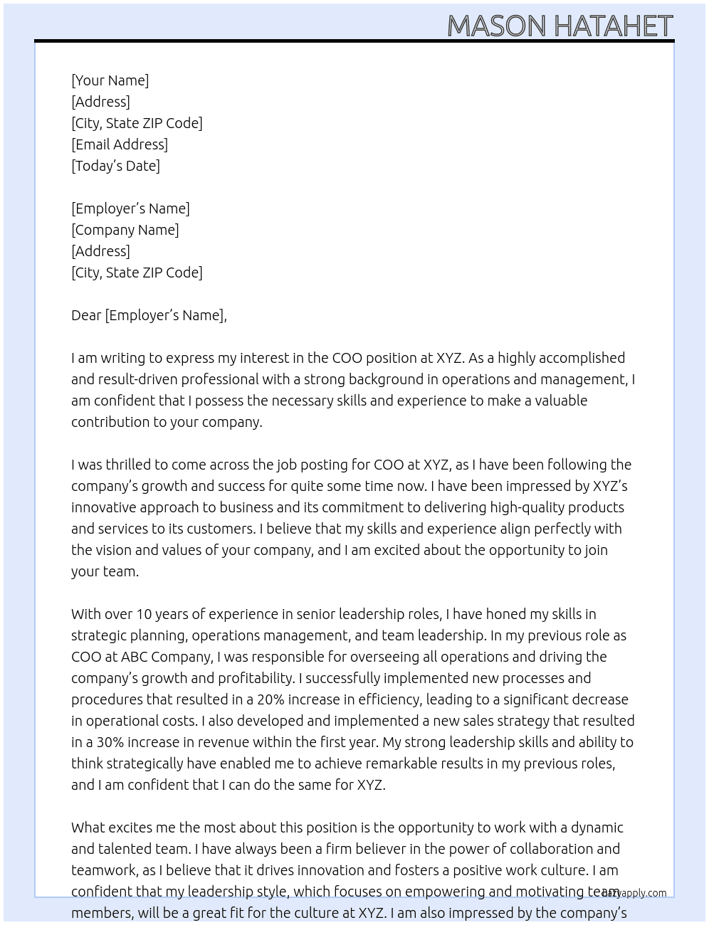 COO  At XYZ Cover Letter