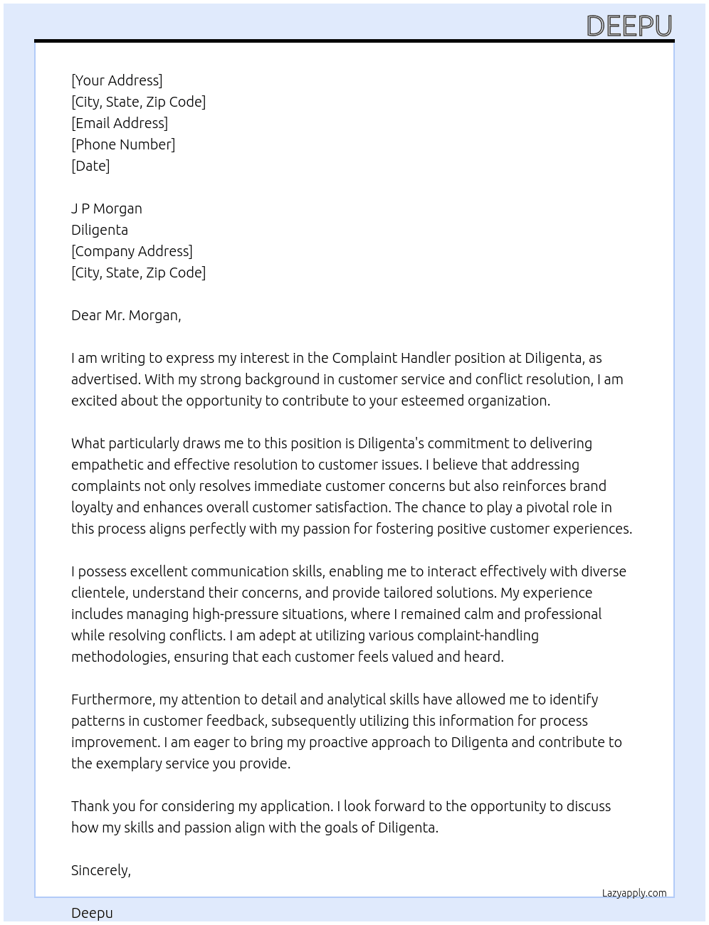 Complaint handler  At Diligenta Cover Letter