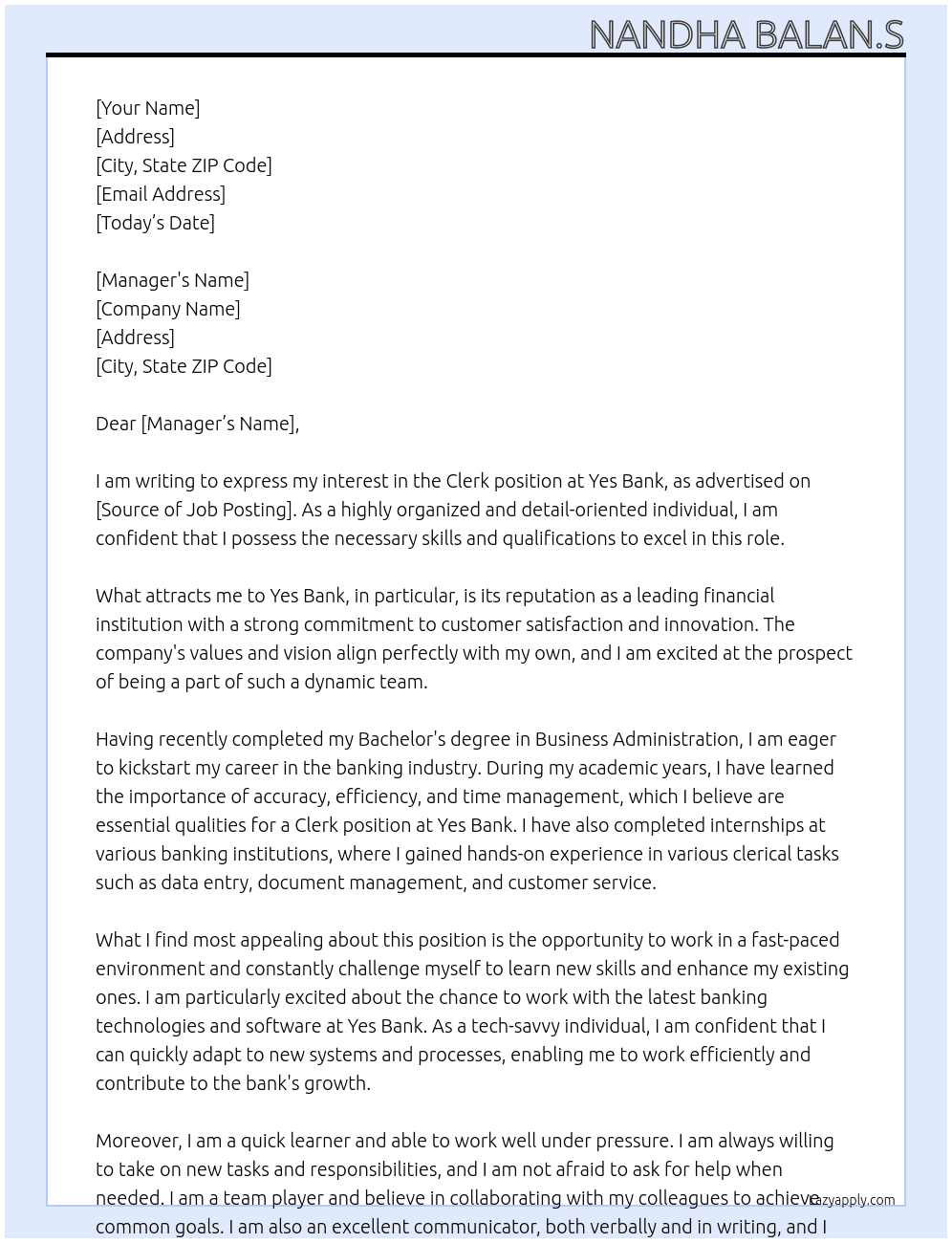 Clerk At Yes Bank Cover Letter