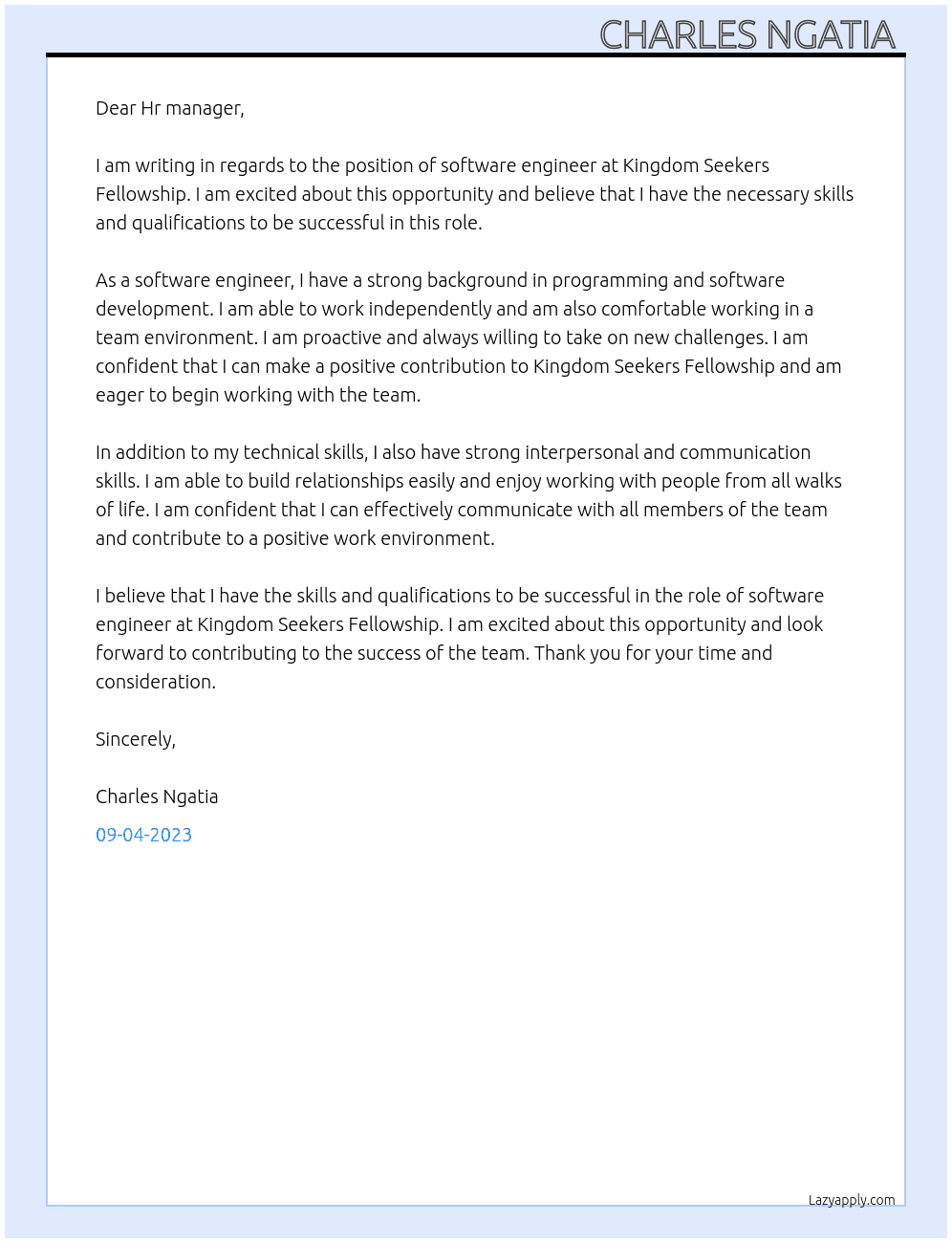 Software engineer  At Kingdom Seekers Fellowship  Cover Letter