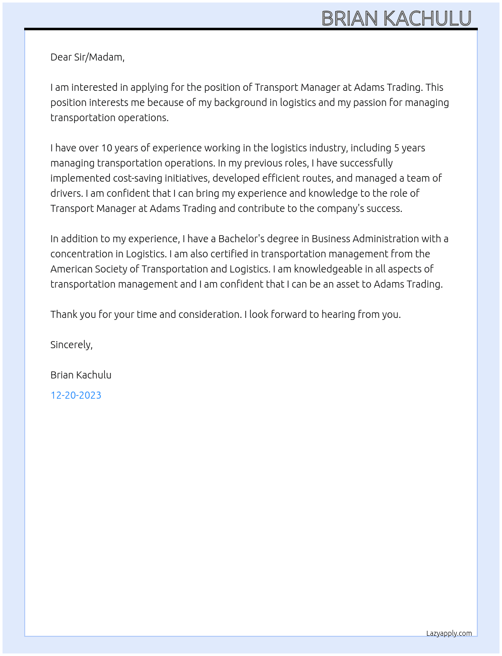 Transport manager  At Adams trading  Cover Letter