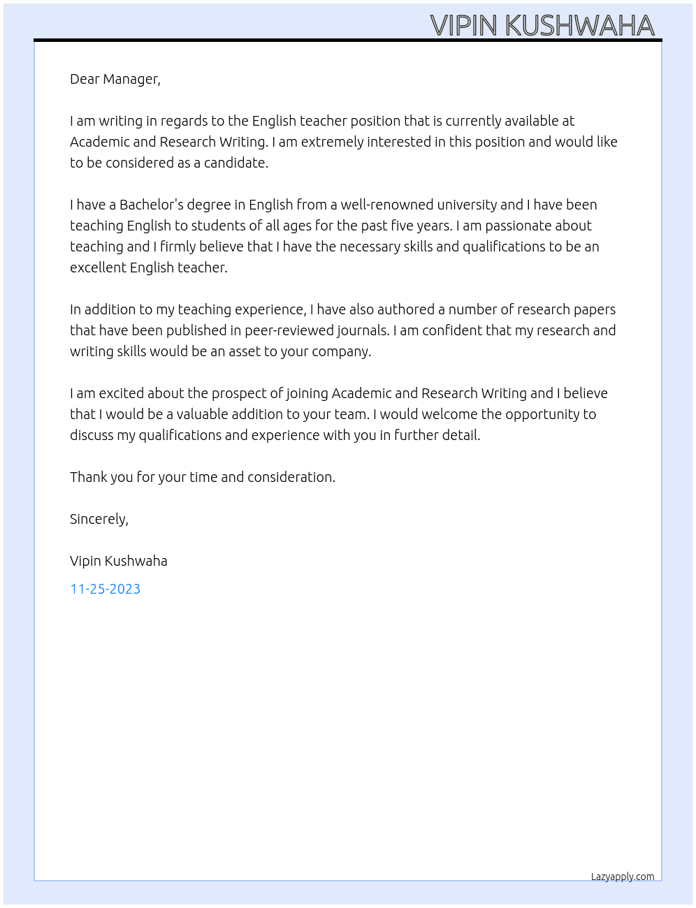 English teacher  At Academic and Research Writting  Cover Letter