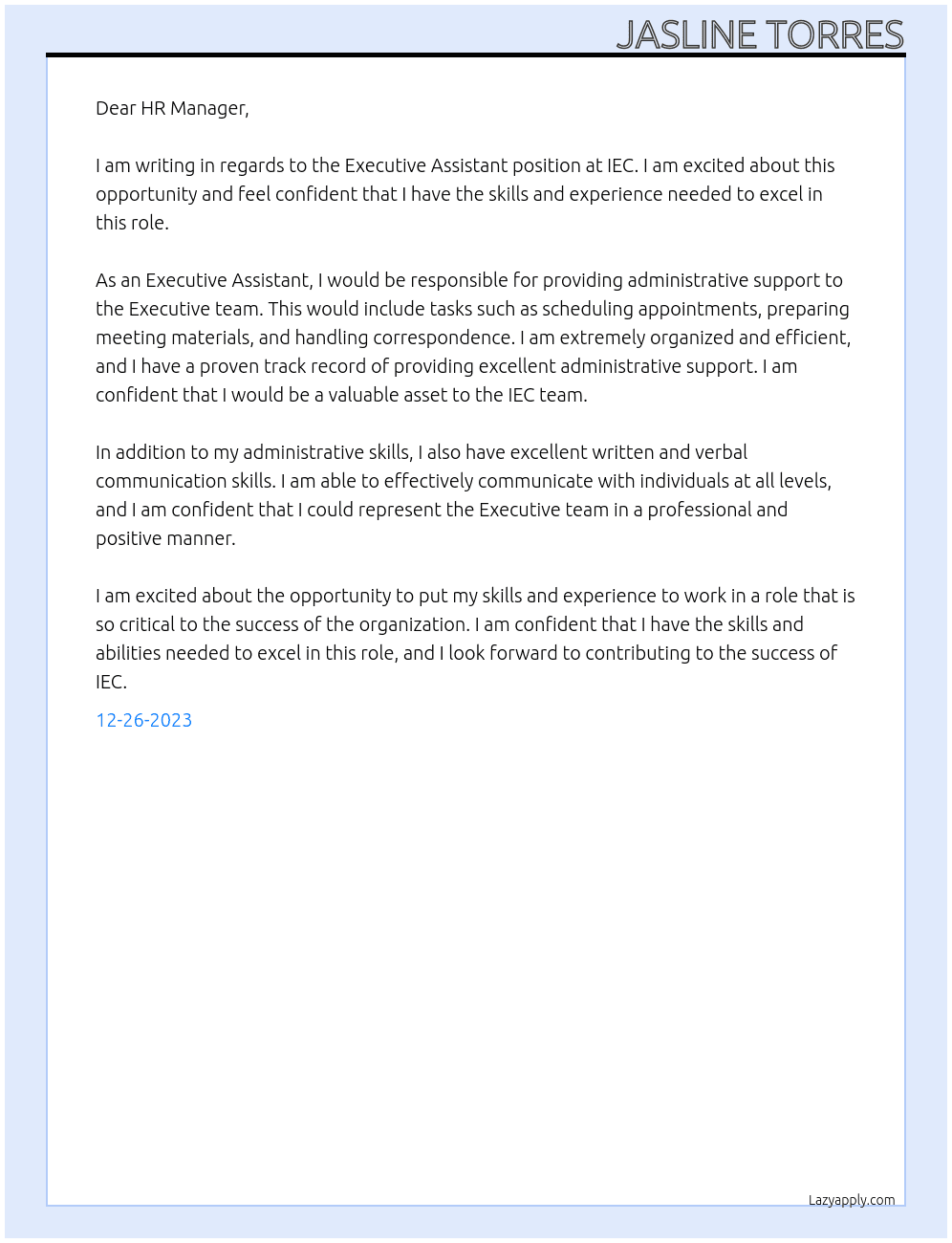 Executive Assistant At IEC Cover Letter