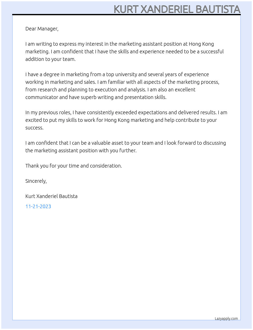 marketing assistant At Hong Kong marketing Cover Letter