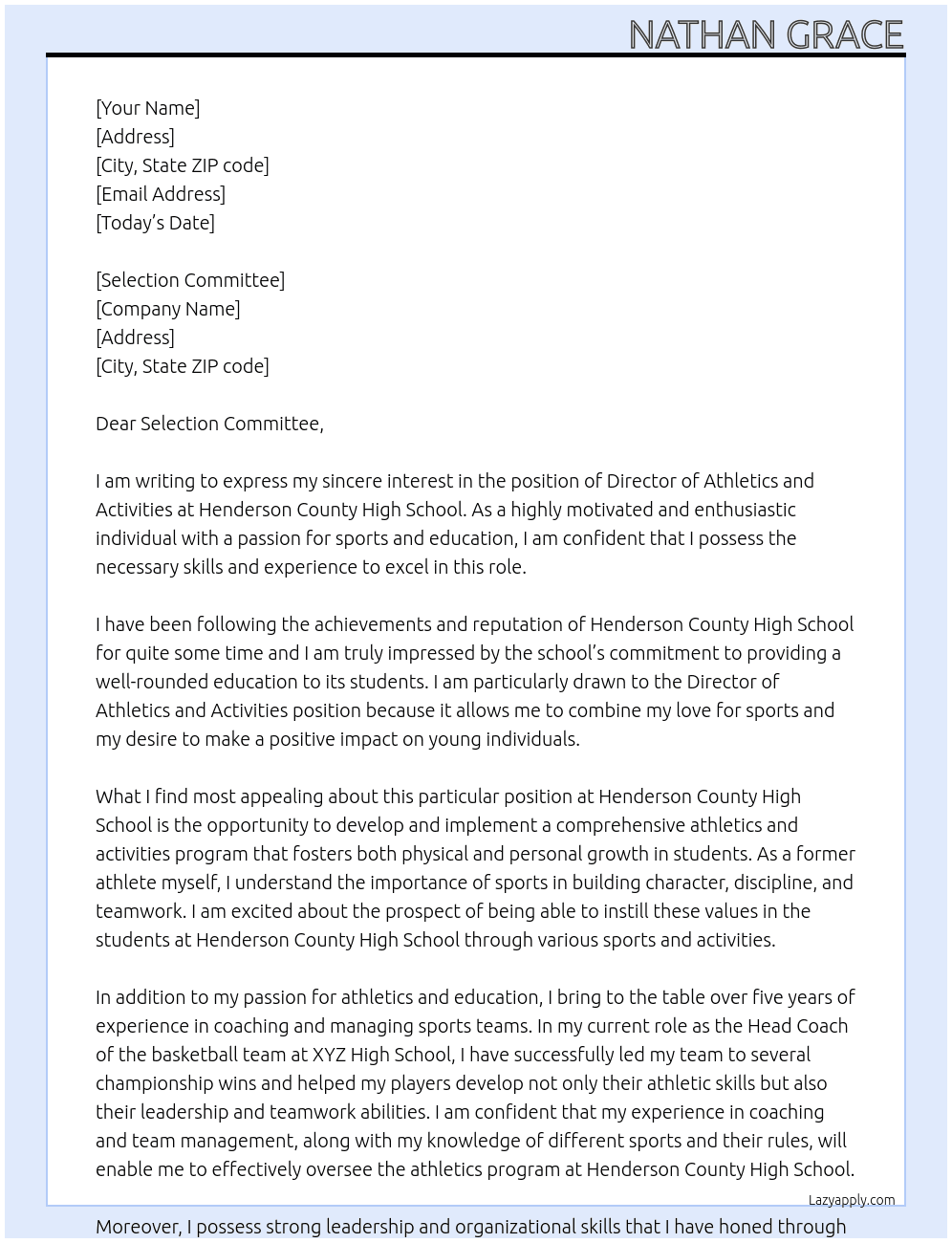 Director of Athletics and Activities At Henderson County High School Cover Letter