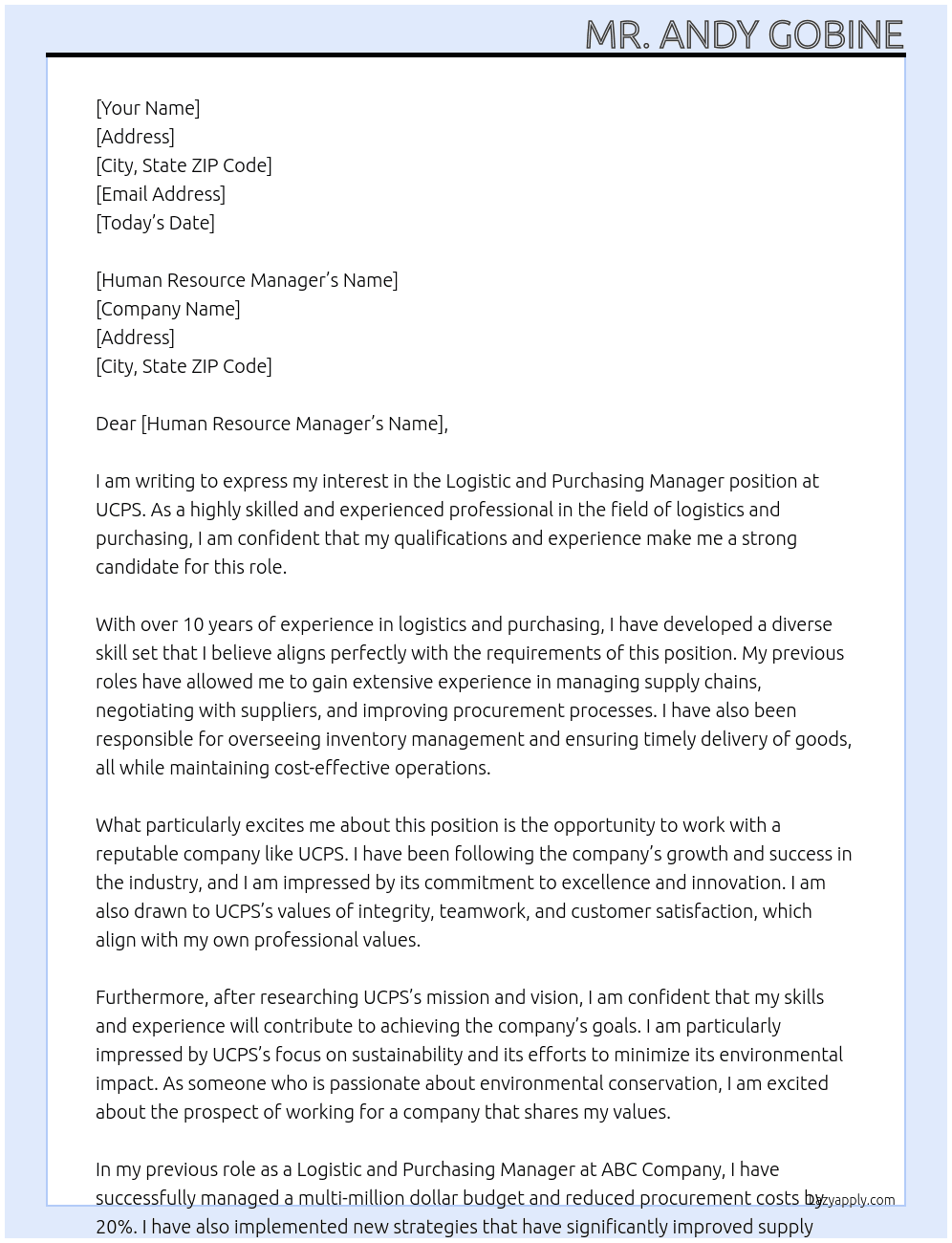Logistic and Purchasing Manager At UCPS Cover Letter