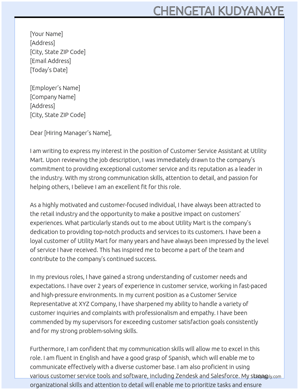 Customer service assistant  At Utility Mart  Cover Letter