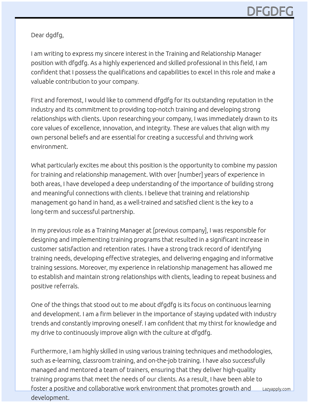 Training and Relationship Manager At dfgdfg Cover Letter