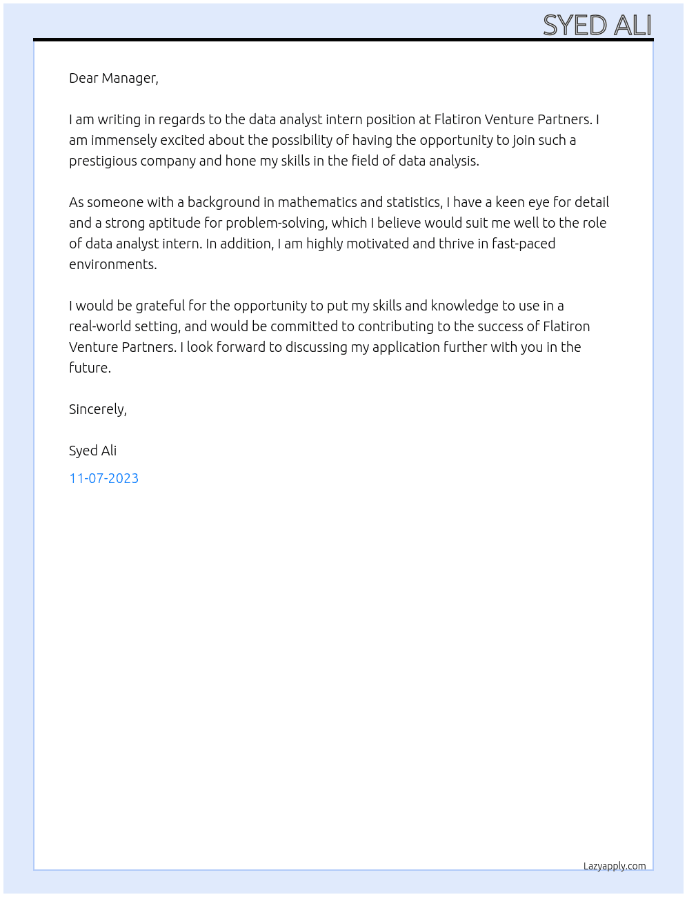 data analyst intern At Flatiron Venture Partners Cover Letter