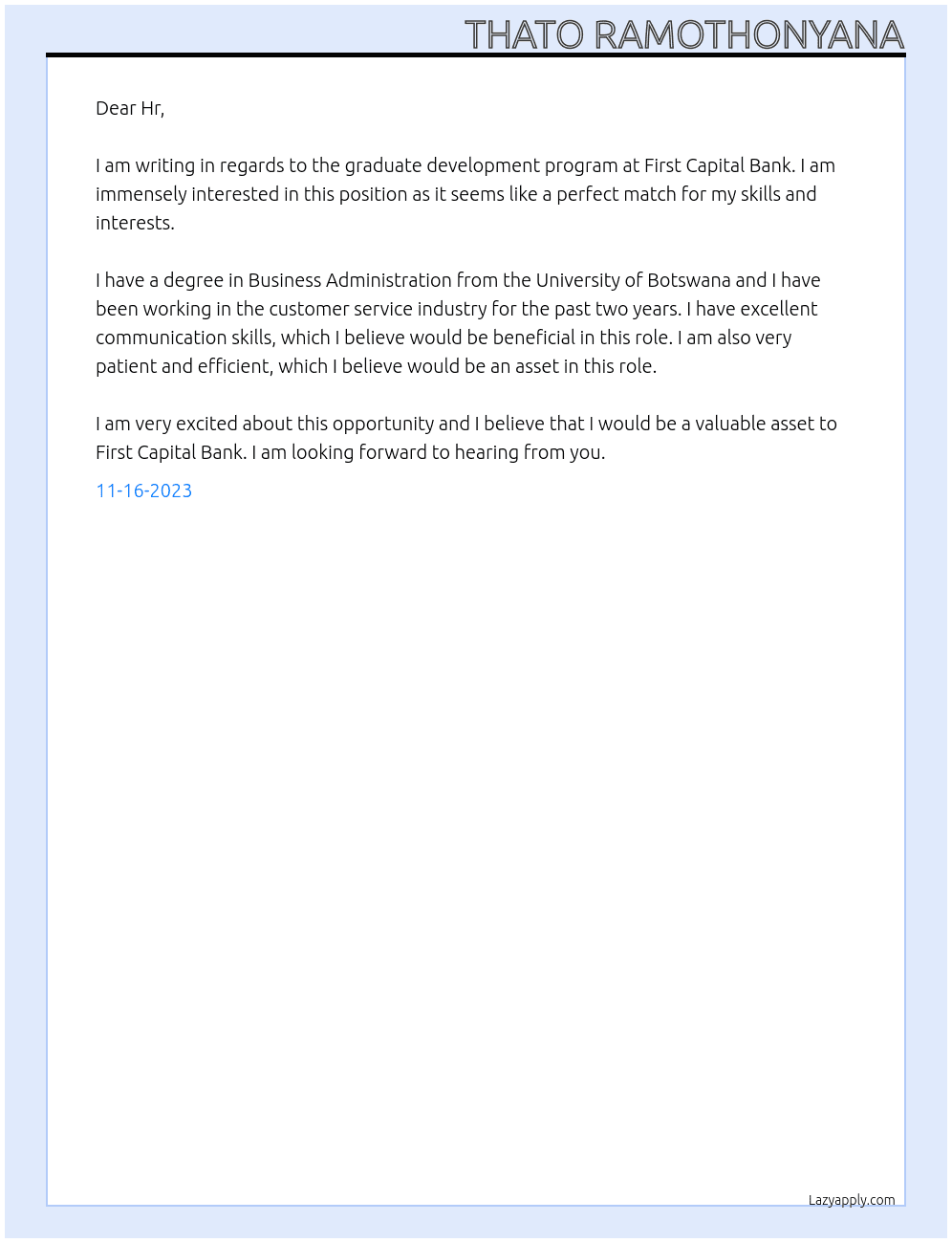 gradduate development program At First Capital Bank Cover Letter