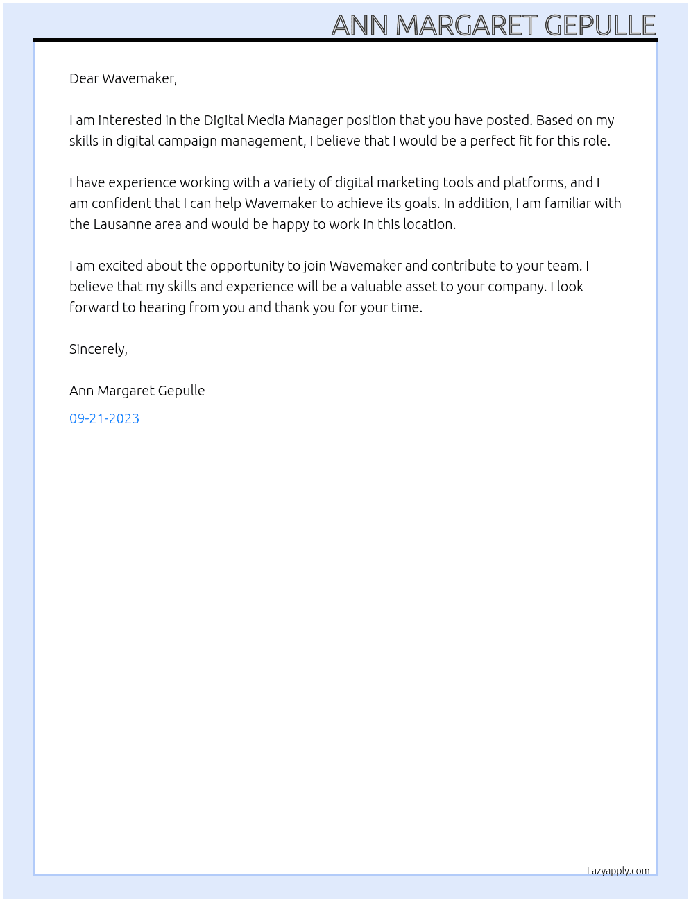 Digital Media Manager At Wavemaker Cover Letter