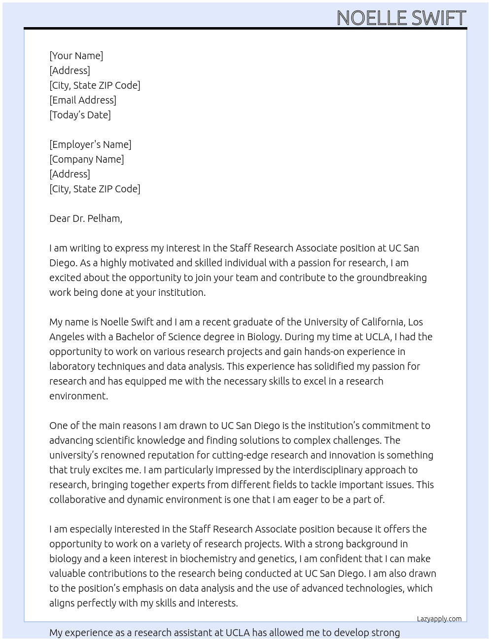 Staff Research Associate At UC San Diego Cover Letter