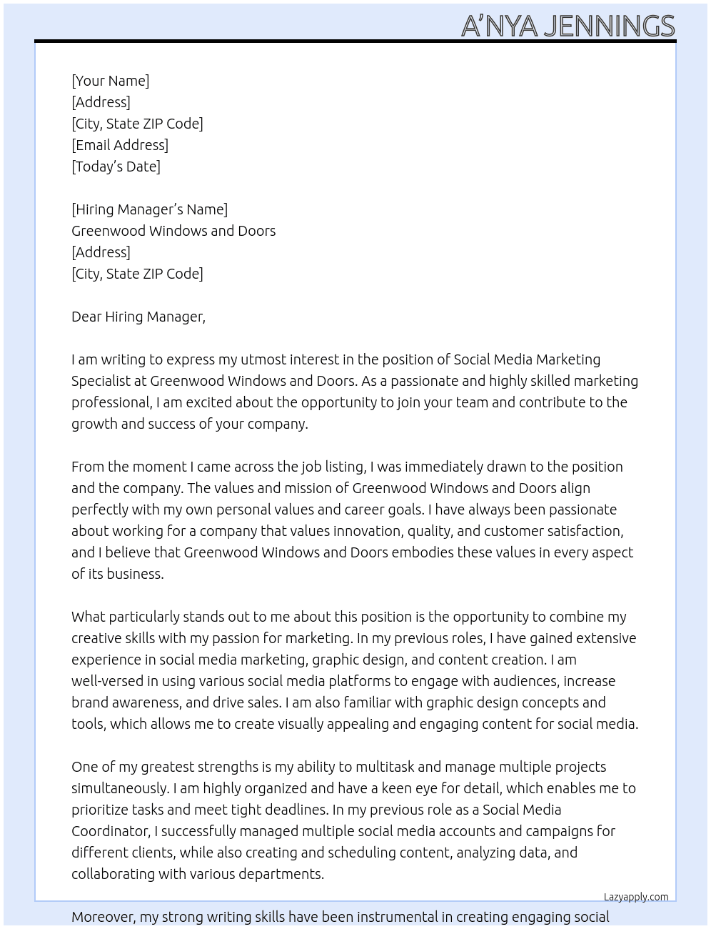 Social Media Marketing Specialist  At Greenwood Windows and Doors Cover Letter