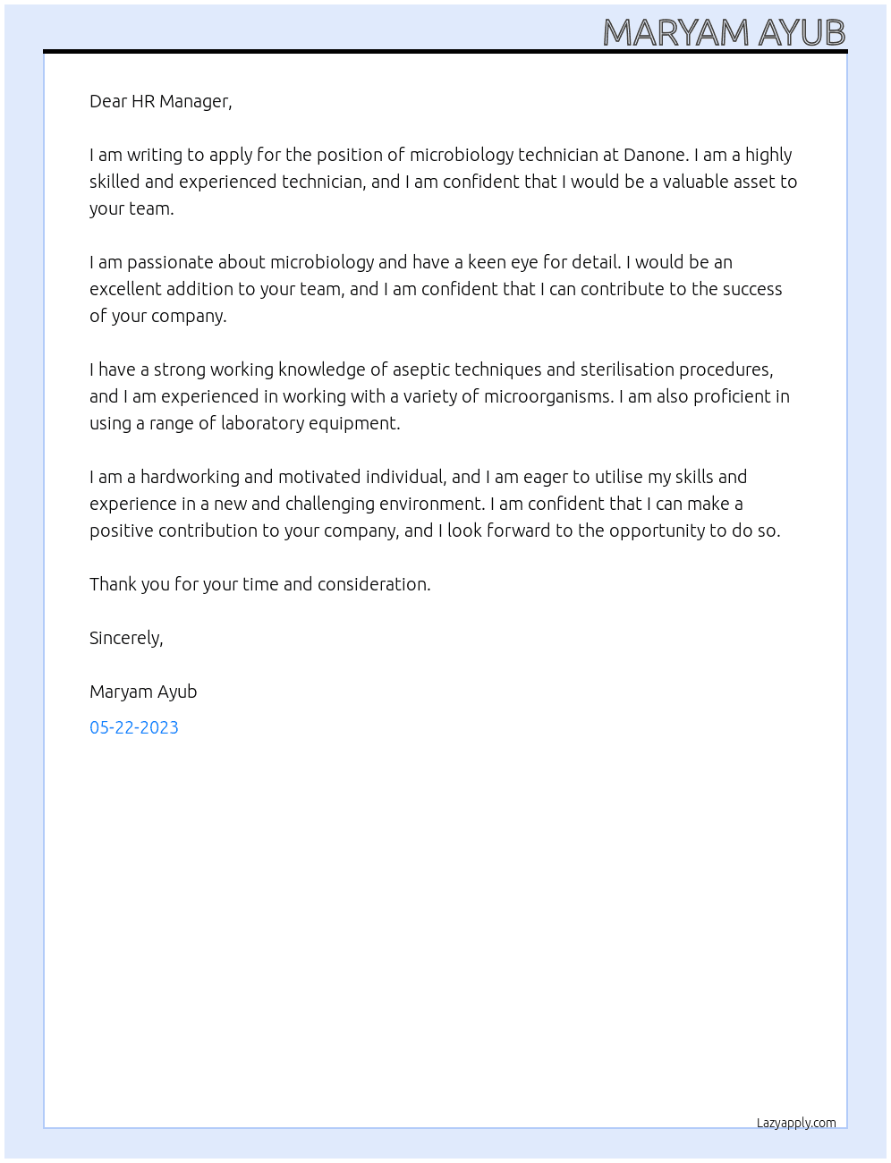 microbiology technician At danone Cover Letter