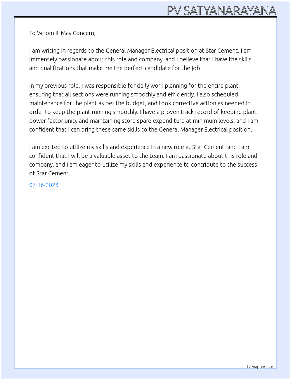 General Manager Electrical At Star Cement Cover Letter