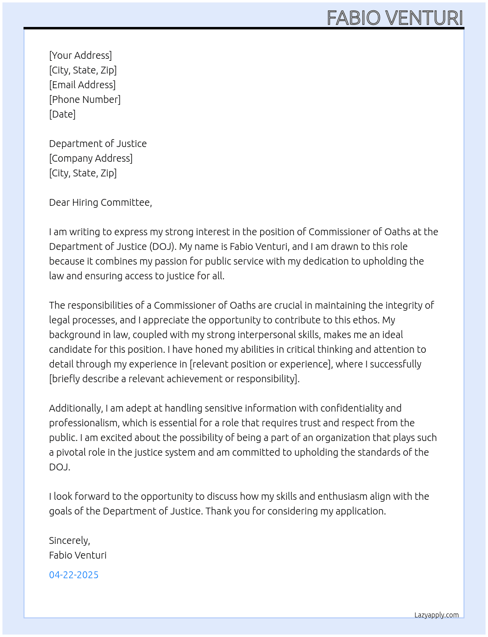 Commissioner of oaths At DOJ Cover Letter