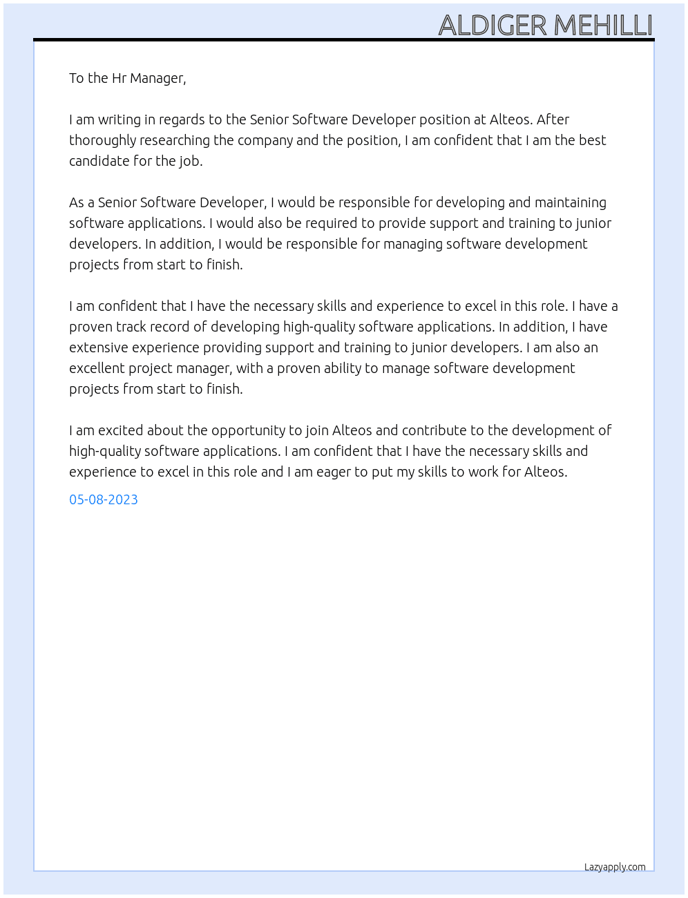 Senior Software Developer At Alteos Cover Letter