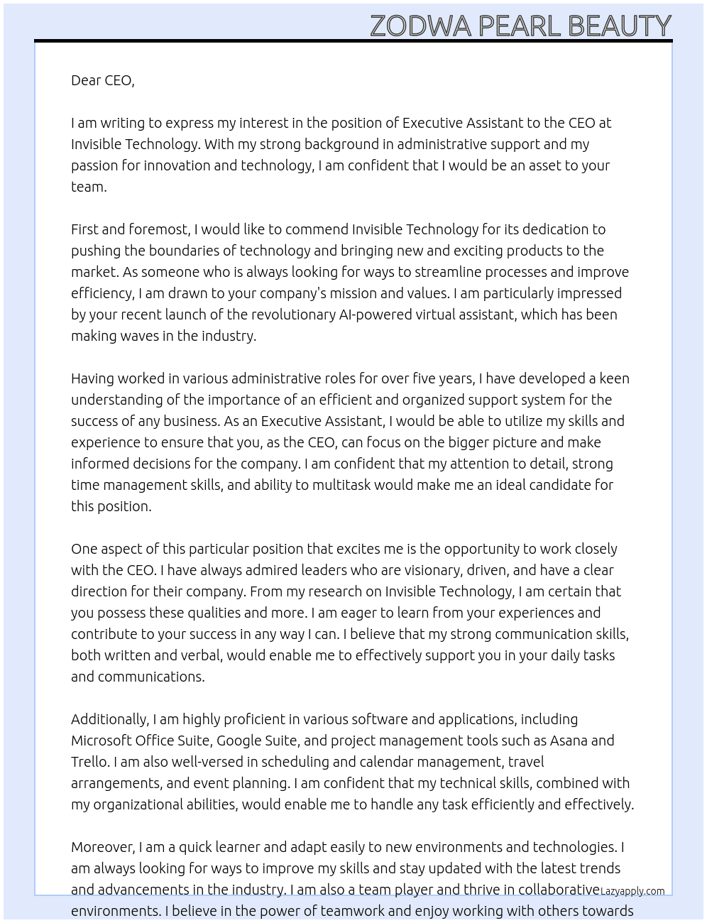 Executive Assistant to the CEO At Invisible Technology Cover Letter