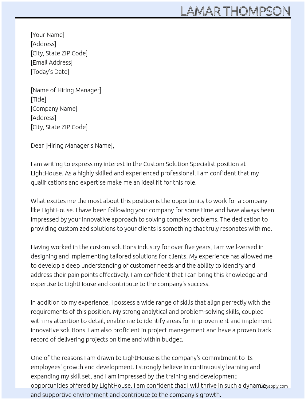 Custom Solution Specialist At LightHouse Cover Letter