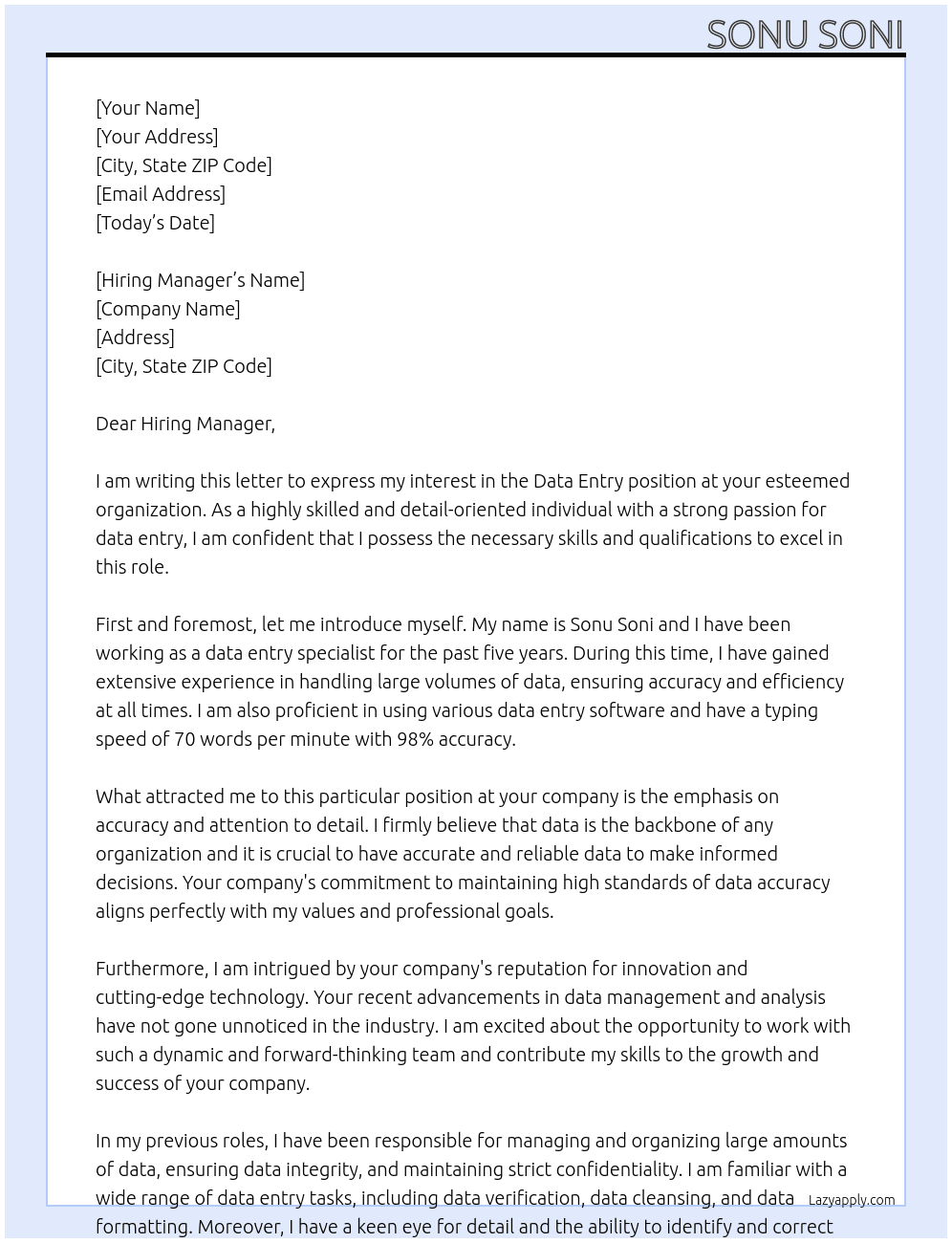 Data Entry At not mentioned Cover Letter