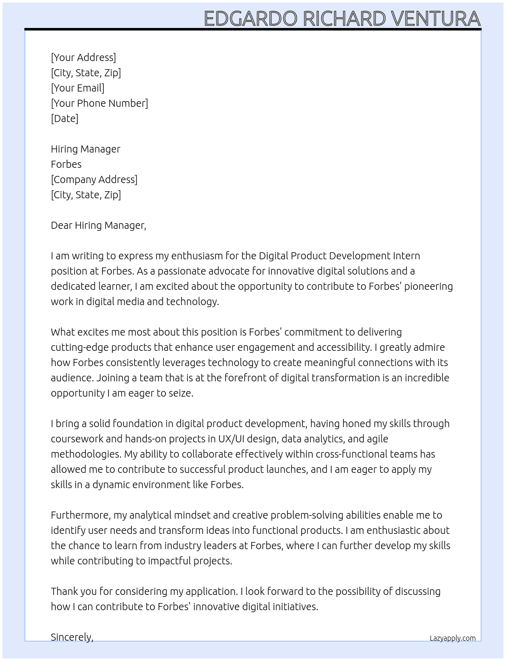 Digital Product Development Intern At Forbes  Cover Letter